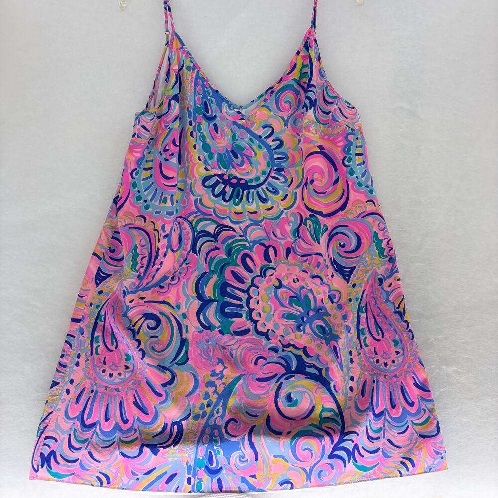 Lilly Pulitzer Spaghetti Strap Mini Slip Dress Size L Pink Blue Abstract Print - Picture 2 of 14